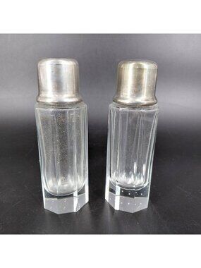 Vintage Glass Salt & Pepper Shakers Set 2 Clear Heavy Metal Lid Hexagon Bubble